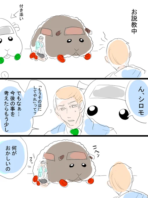 モルカー漫画描きました(ミニ)何やら怒られてるテディと飼い主(畜生氏)と怒ってるシロモ飼い主。 