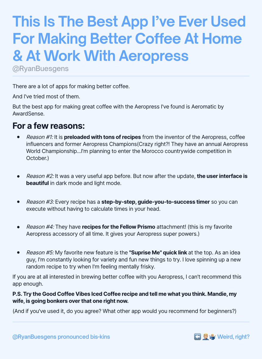 ryanbuesgens's tweet photo. This Is The Best App I've Ever Used For Making Better Coffee At Home &amp; At Work With Aeropress

#ship30for30 @dickiebush @nicolascole77 https://t.co/1bEVgFvfPs