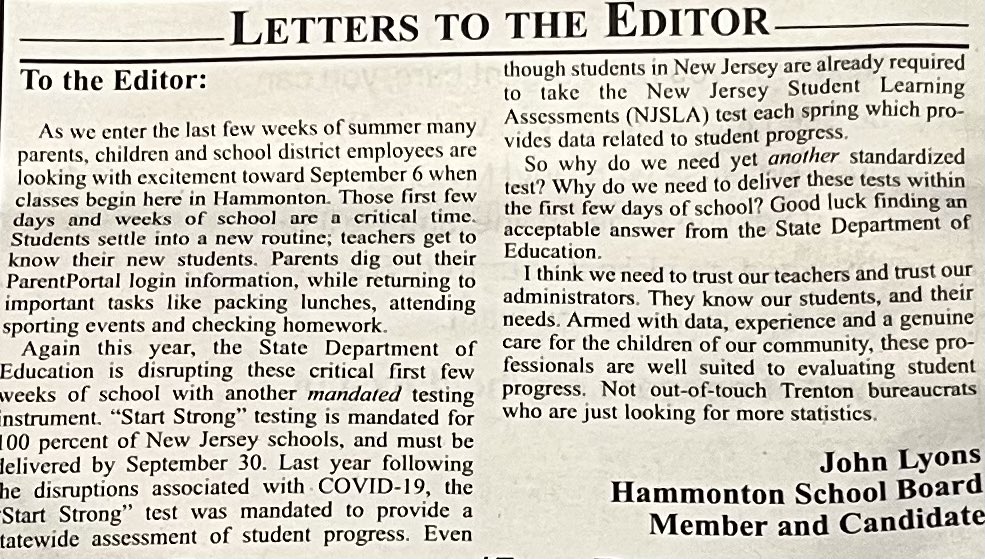 Check out my Letter to the Editor in today’s <a href="/HammGazette/">Hammonton Gazette</a> regarding excessive state mandates.  “We need to trust our teachers and trust our administrators… not out-of-touch Trenton bureaucrats.” #Hammonton
