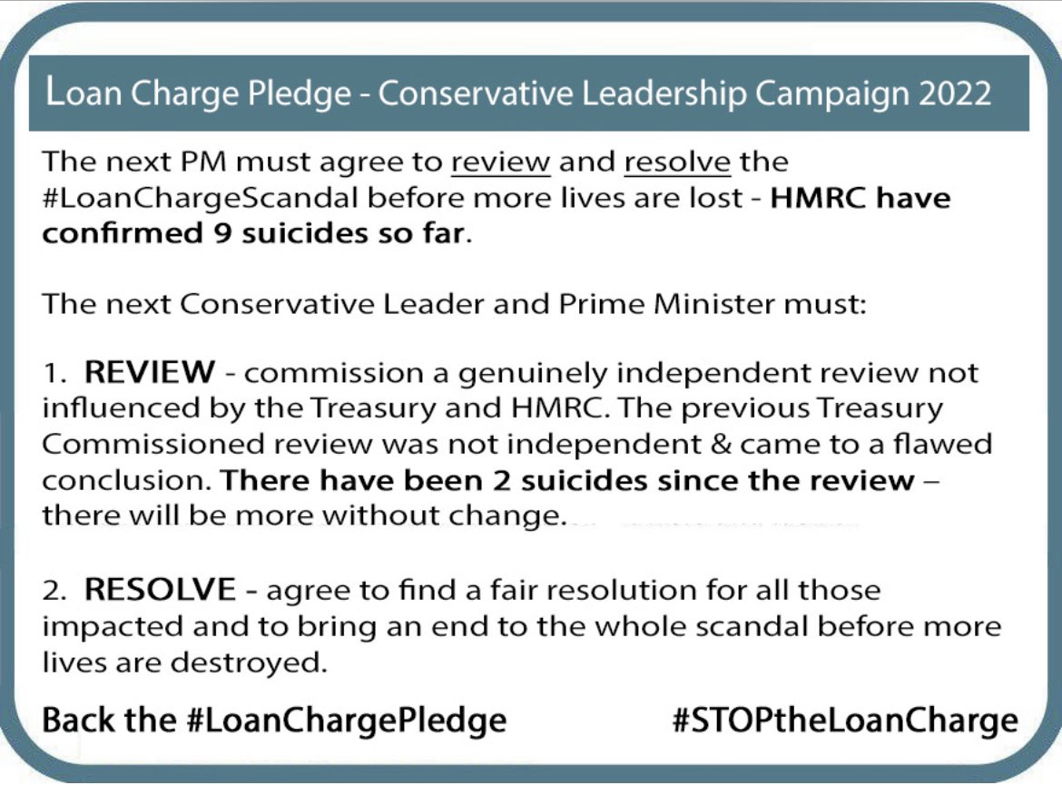 Nine suicides caused by the unfair #LoanCharge, tragic, shameful. The next <a href="/Conservatives/">Conservatives</a> PM must act before more lives are lost. Please back the #LoanChargePledge <a href="/OliverDowden/">Oliver Dowden</a> call on <a href="/RishiSunak/">Rishi Sunak</a> &amp; <a href="/trussliz/">Liz Truss</a> to review &amp; resolve the #LoanChargeScandal before more lives are lost.