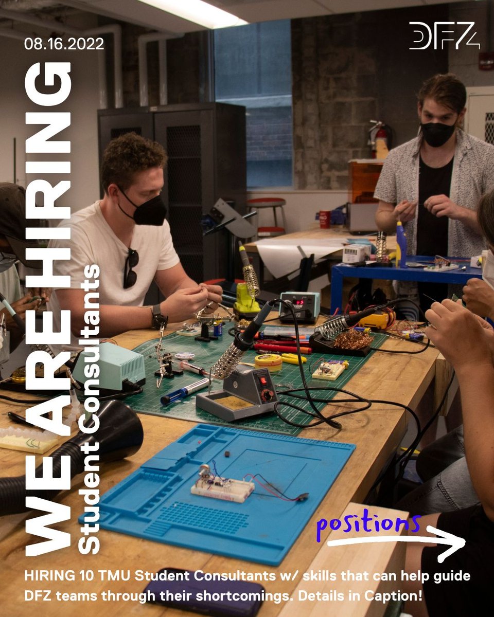 DesignFabZone's tweet photo. 🤓 HIRING 10 TMU UnderGrad Students for a paid consulting opportunity to guide DFZ teams through their shortcomings.  ✨ TO APPLY email your resume to dfz@ryerson.ca &amp; tell us about yourself &amp; expertise. All Qs to ashley.lewis@ryerson.ca Full deets on IG @designfabricationzone https://t.co/jQWcBC0jBM