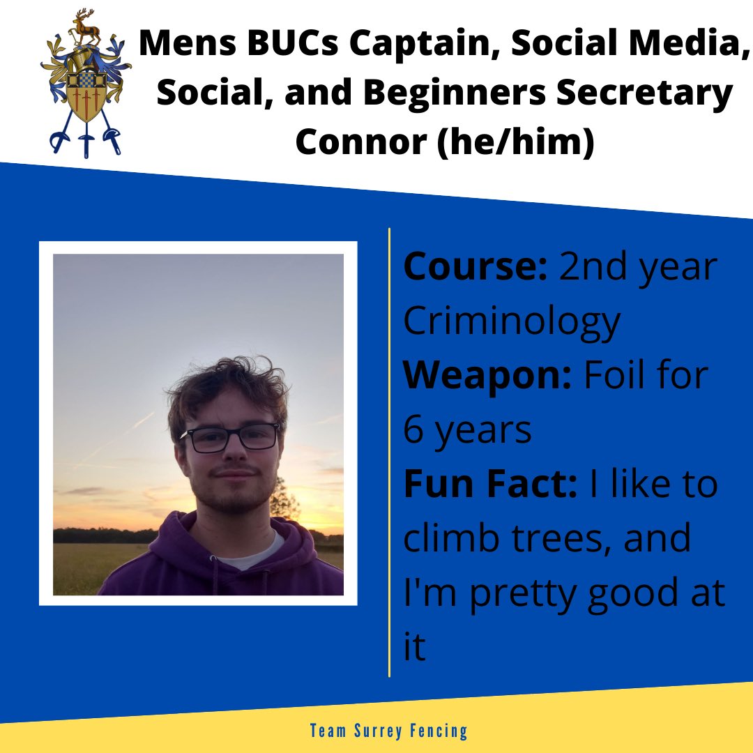 SurreyFencing's tweet photo. Our last committee member is Connor! He plans our social media posts, organises socials, helps with the beginners at the club, and is our BUCS Mens Captain #surreyfencing #teamsurrey #BUCS https://t.co/WYbYZ6UAfC