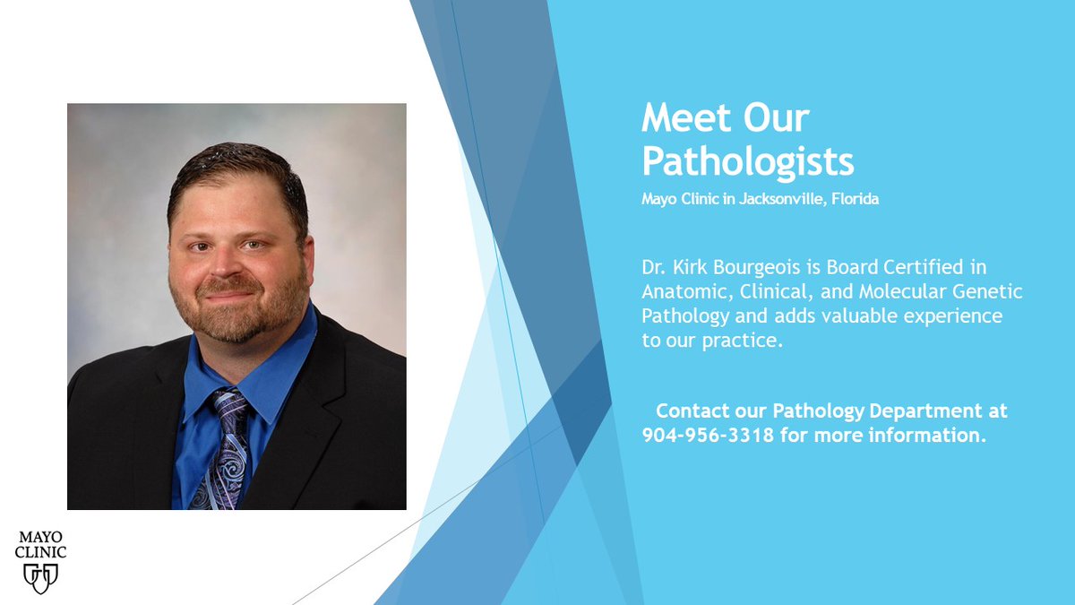 MayoPathology's tweet photo. Meet our #pathologist Dr. Kirk Bourgeois  🔬 #HemPath #hematopath #MayoClinicFL @MayoPathology Depart. provides opinion consultations. This program may help you choose the most effective treatment. We have experts in a wide range of cancer and non-cancer subspecialties https://t.co/wqkUFmqTDI