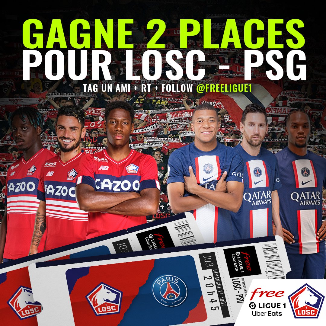 [🎁 #JeuConcours] Un choc pour fêter les 10 ans de la Decathlon Arena Stade Pierre Mauroy : le <a href="/losclive/">LOSC</a> accueille le #PSG dimanche à 20h45 ! Supporters du #LOSC, on vous offre 2 places 🎟️

Pour participer :
👉 RT + Follow @FreeLigue1
👉 Tag un ami

#LOSCPSG