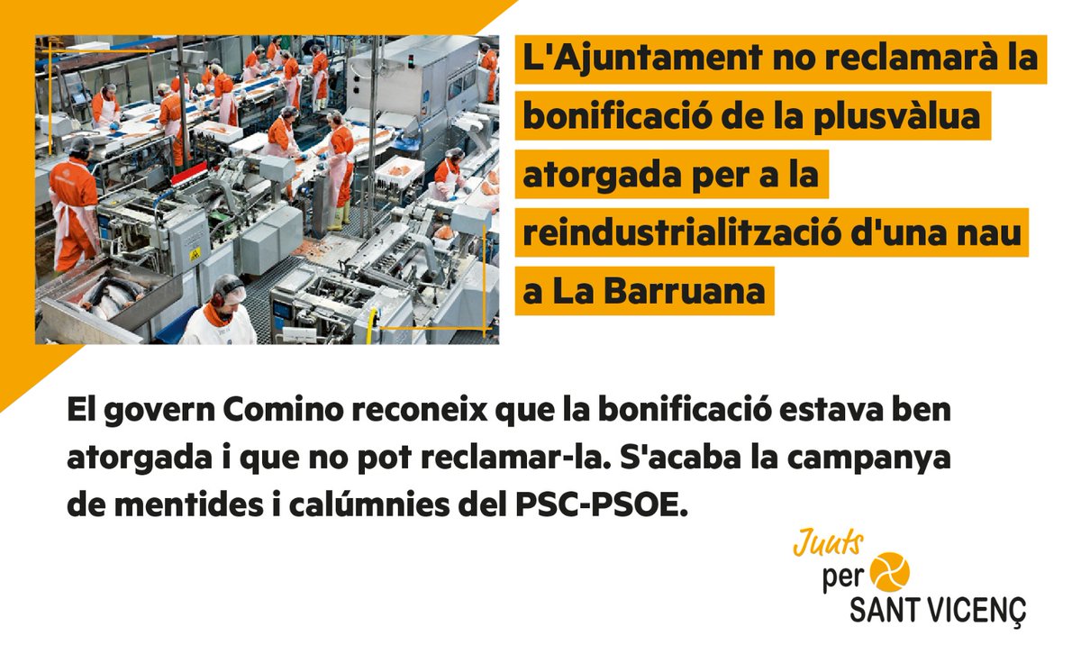 🔚 S'ha acabat un serial que ja durava massa. La bonificació del 50% de la plusvàlua que va atorgar el govern de Junts x Sant Vicenç per reindustrialitzar 🏭 una gran nau buida a La Barruana era correcta.

#REimpulsemSVH #SantVicençdelsHorts