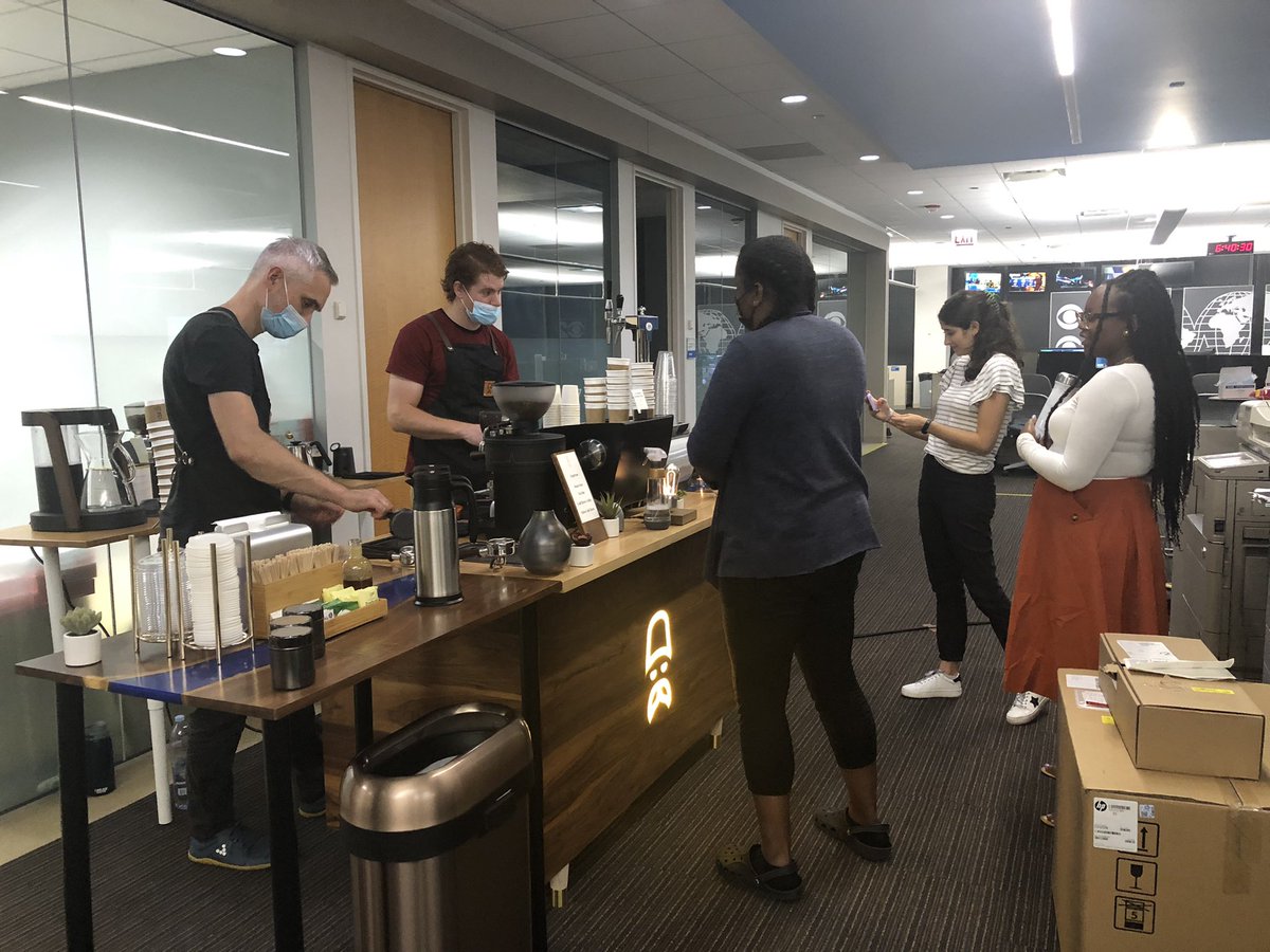 GodvikNewzGirl's tweet photo. Baristas in the building! 
Fun morning reward from our @cbschicago boss @JenLyonsTV 
Coffee tea and amazing smells in the newsroom https://t.co/mPLRHtUrF3