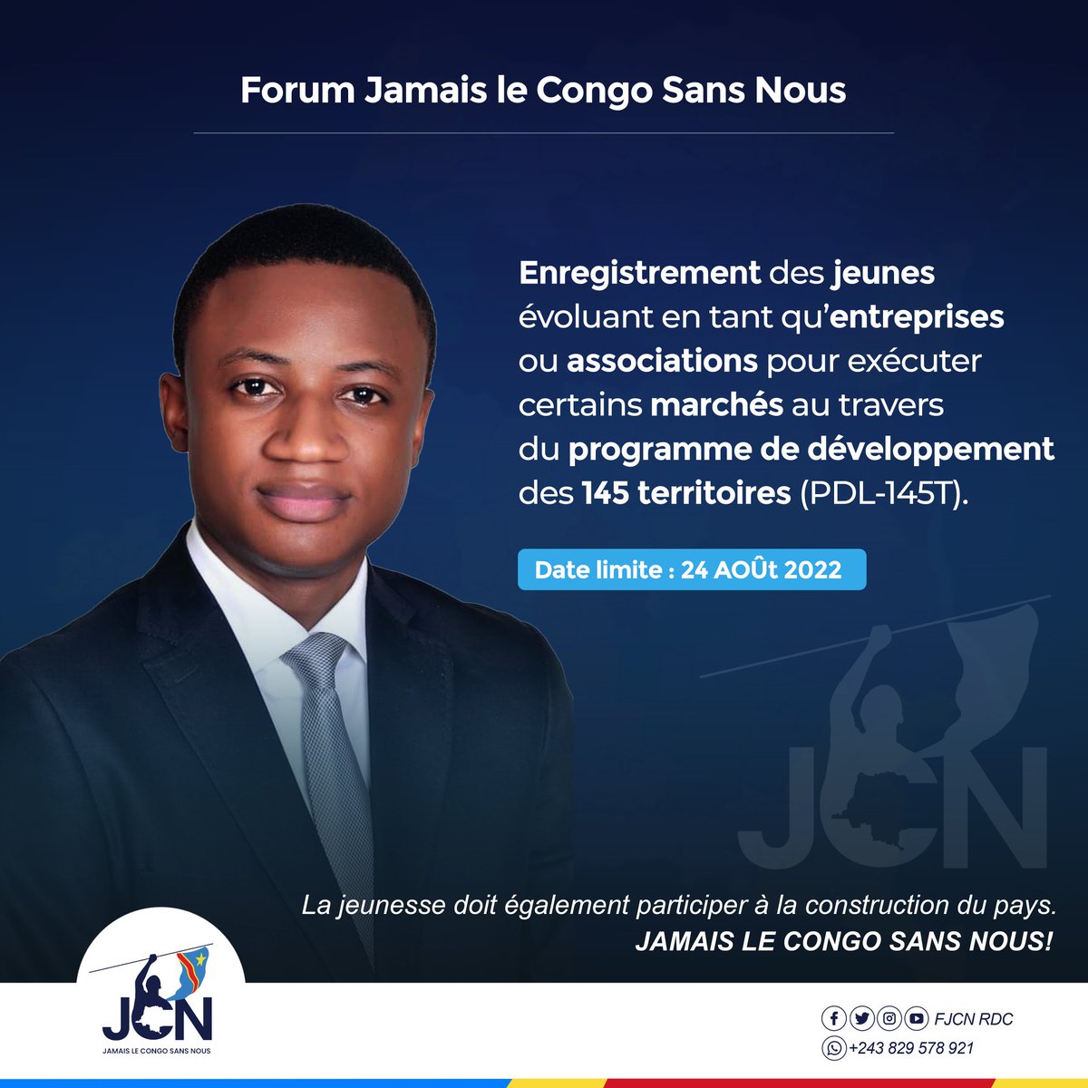 Enregistrement des jeunes évoluant en tant qu'entreprises ou associations pour exécuter certains marchés au travers du programme de développement des 145 territoires (#PDL_145T).
Cliquer sur ce lien pour remplir le formulaire : bit.ly/3c0UBrz
Date limite 24 août. #FJCN