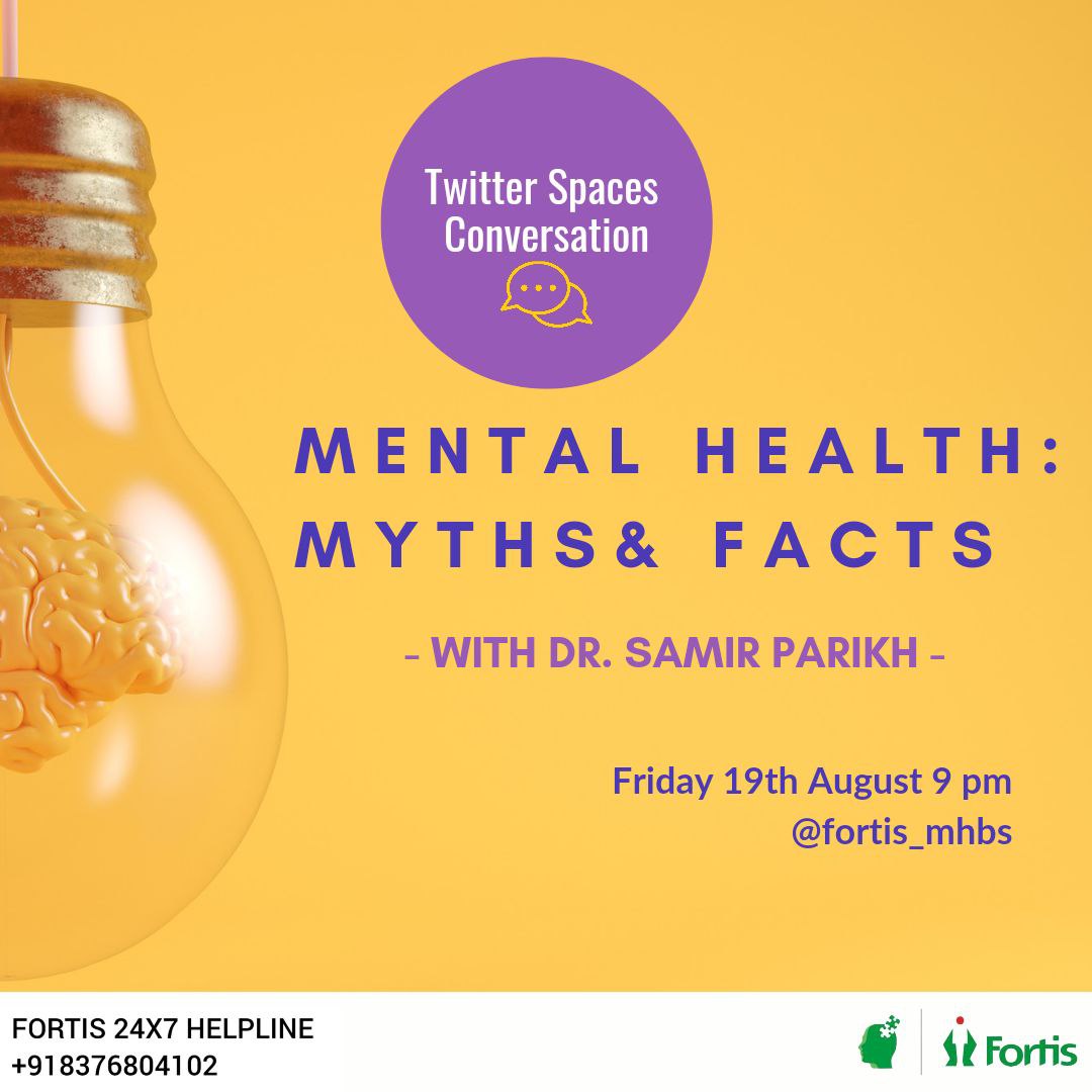 <a href="/dr_samirparikh/">Dr. Samir Parikh 🇮🇳</a> #Friday #TwitterSpaces conversation on #Mentalhealth  : Myths and Facts with <a href="/dr_samirparikh/">Dr. Samir Parikh 🇮🇳</a> 
19th  August 9 pm
   
#MentalHealthAwareness  #mentalhealthmatters
#mindspace