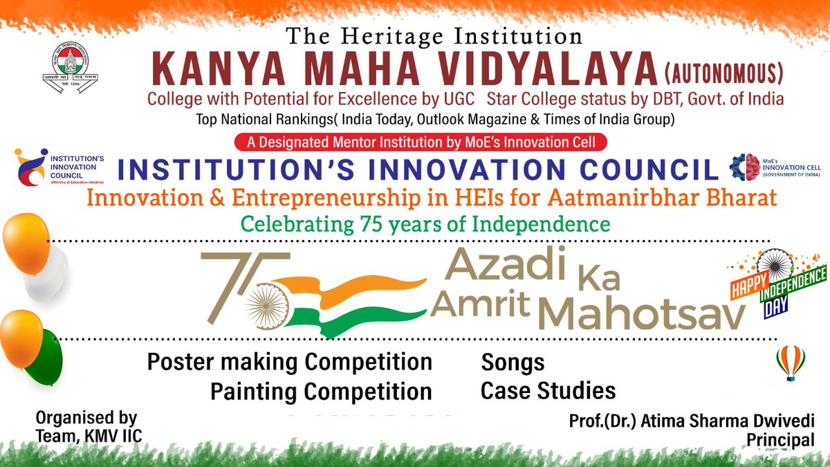 kmviic's tweet photo. KMV IIC celebrated 75 years of Independence- Azaadi ka Amrit Mahotsav by conducting various activities concerning Innovation and Entrepreneurship for Aatmanirbhar Bharat @mhrd_innovation @EduMinOfIndia @abhayjere @DwivediAtima @rashmi_3a @Kmvjal https://t.co/vo0wfDfSMT