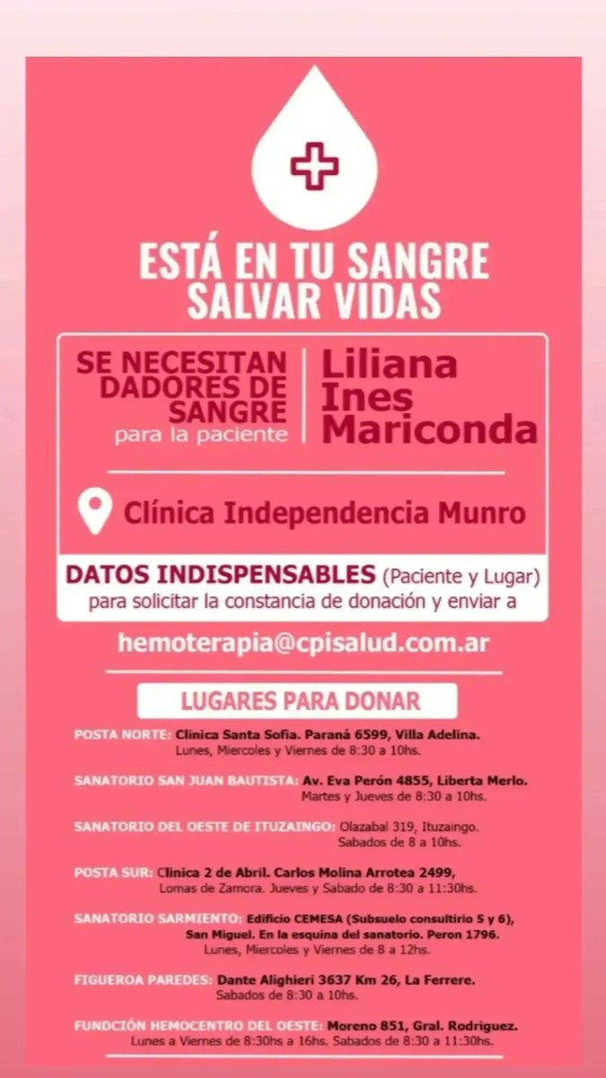 ANABELLACARINA's tweet photo. @CostaOkis Se agradece difusión. Se necesitan dadores de sangre con suma urgencia. Se debe solicitar certificado de donación a nombre de Liliana Ines Mariconda. Y enviarlo a hemoterapia@cpisalud.com.ar     Abajo info 👇 🙏🙏🙏 https://t.co/hgSGcklFF3