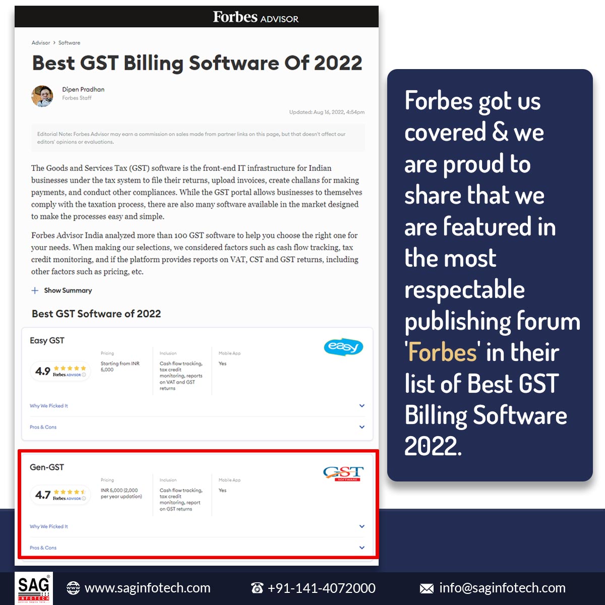 SagInfoTech's tweet photo. Forbes got covered GEN GST Software & we are proud to share that we are features in the most respectable publishing forum 'Forbes' in their list of Best GST Billing Software 2022.
Get the Demo: https://t.co/LEMJ90MfJ3
#GENGST #gst #software #Forbes #GSTHelpline https://t.co/l4Xg0nZewx
