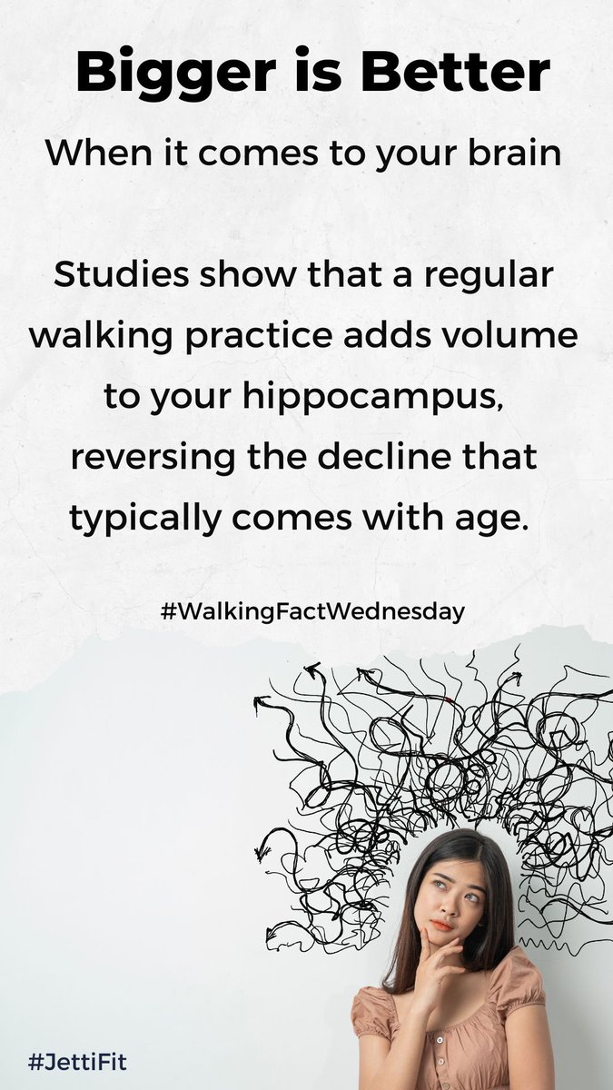 joycershulman's tweet photo. When is bigger better? When it comes to your brain, of course! Studies have shown that a regular walking practice adds volume to your hippocampus, reversing the decline that typically comes with age. 
#walkingfactwednesday https://t.co/iSfVDXQmmc