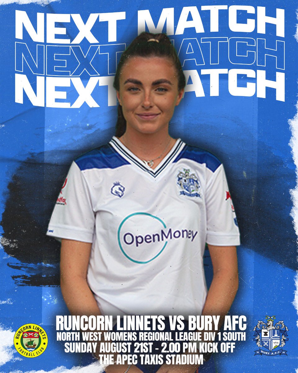 BuryFCU23's tweet photo. ⚪️🔵 NEXT MATCH ⚪️🔵

🆚 @LinnetsLadiesFC 

🏆 @nwwrfl 

📆 Sun 21st August

🕑 2pm Kick-Off 

📍 Apec Taxis Stadium, Runcorn

Our women have worked hard over the summer and are ready to kick off their @nwwrfl campaign this Sunday! ⚽️

#BuryAFC | #ProudToBe | #HerGameToo https://t.co/keIKa0VSX0