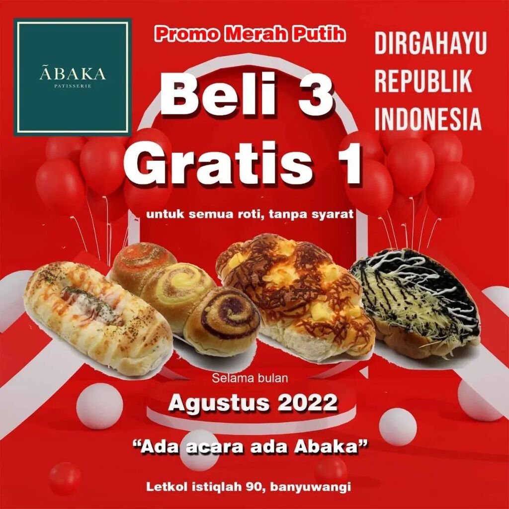 EventBwi's tweet image. PROMO SPESIAL HARI KEMERDEKAAN di @abakabakery akery 
berlaku selama bulan Agustus sampai dengan akhir bulan. yuk buruan kepoin langsung dg datang dan membeli 3item roti all item free 1 roti tanpa syarat apapun. yuk datang datang di @abakabakery masih ba… instagr.am/p/ChW_vfYlkDc/