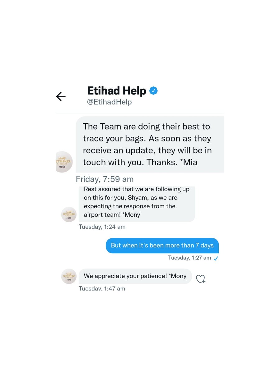 shyam_makwana27's tweet photo. @MohamedBinZayed,
You can check how they are giving response. You don't even know where our luggage is, and this is the type of service you provide to students. If you don't know how to run airlines, then shut down your airlines and give us. @EtihadHelp @frank__meyer @etihad https://t.co/ELbOsTAdgk