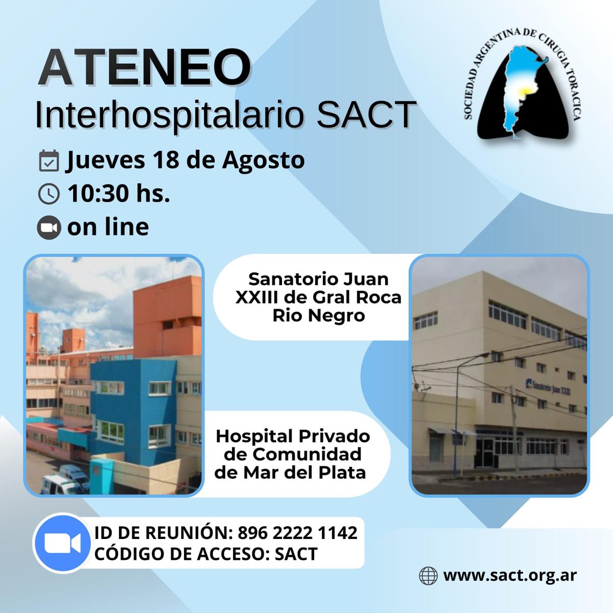 SToracica's tweet photo. 👨🏻‍🏫 Ateneo Interhospitalario SACT
📅 18 de Agosto de 2022
🕥 10:30 hs
🎥 Zoom
🏨 Sanatorio Juan XXIII General Roca (Río Negro) y Hospital Privado de Comunidad (Mar del Plata) https://t.co/LMlnIMIr0e