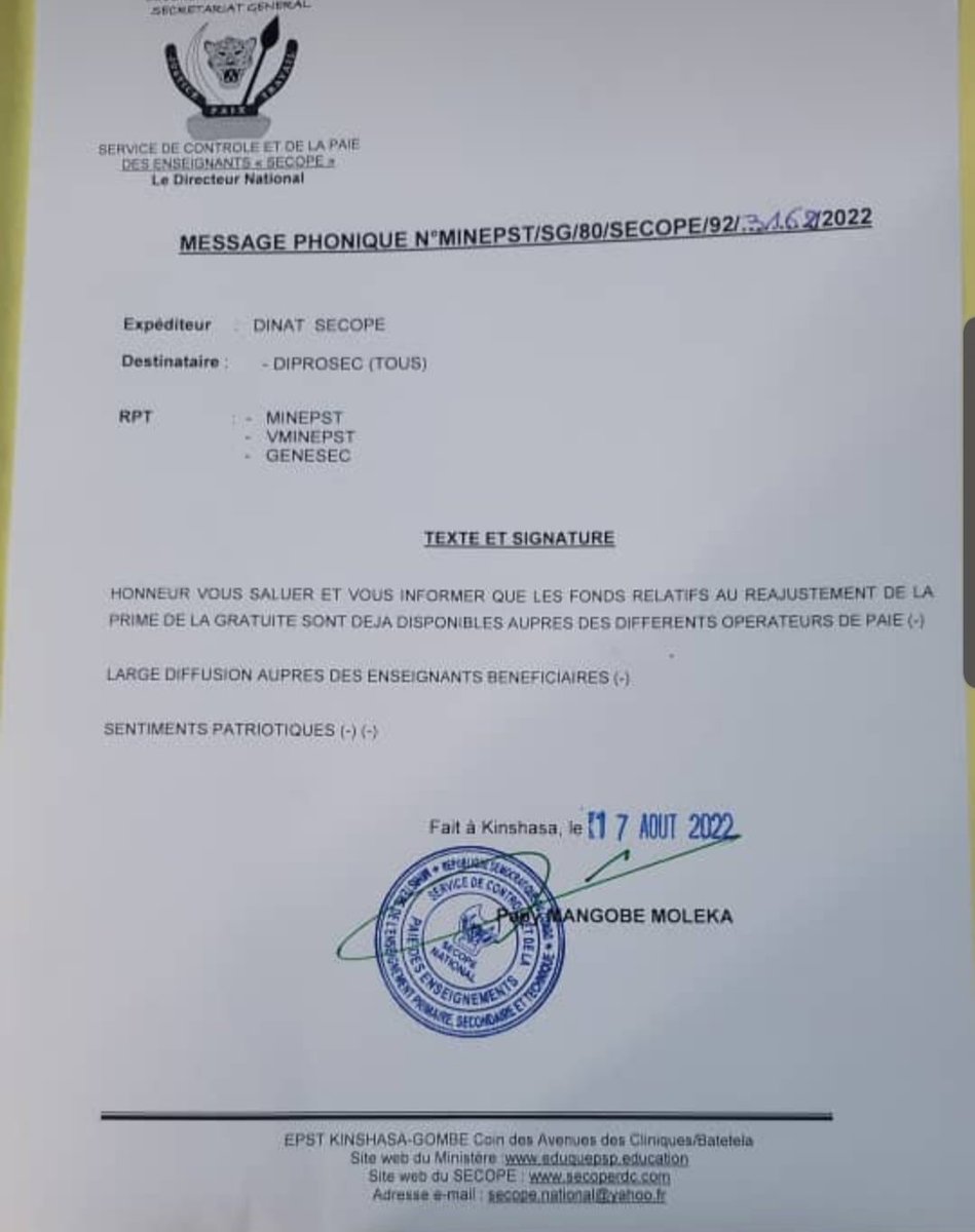 ProfesseurTony's tweet photo. RDC-EPST- NEWS 
Le réajustement à  la hausse de la prime de la gratuité promise récemment aux assises de Mbwela  est effectif, grâce à l'implication personelle du chef de l'État FATSHI. Les fonds déjà disponibles chez les opérateurs de paie. https://t.co/g0ErZtYS7h