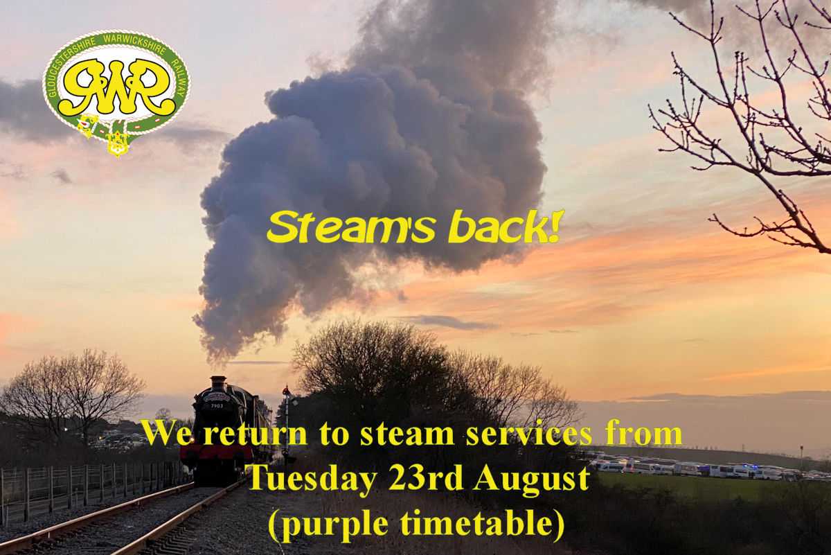 The decision has been made to return to steam services from Tuesday 23rd August - purple timetable. 
Full details: ow.ly/Z2in50KlKPz
#LoveSteam #LoveYourRailway