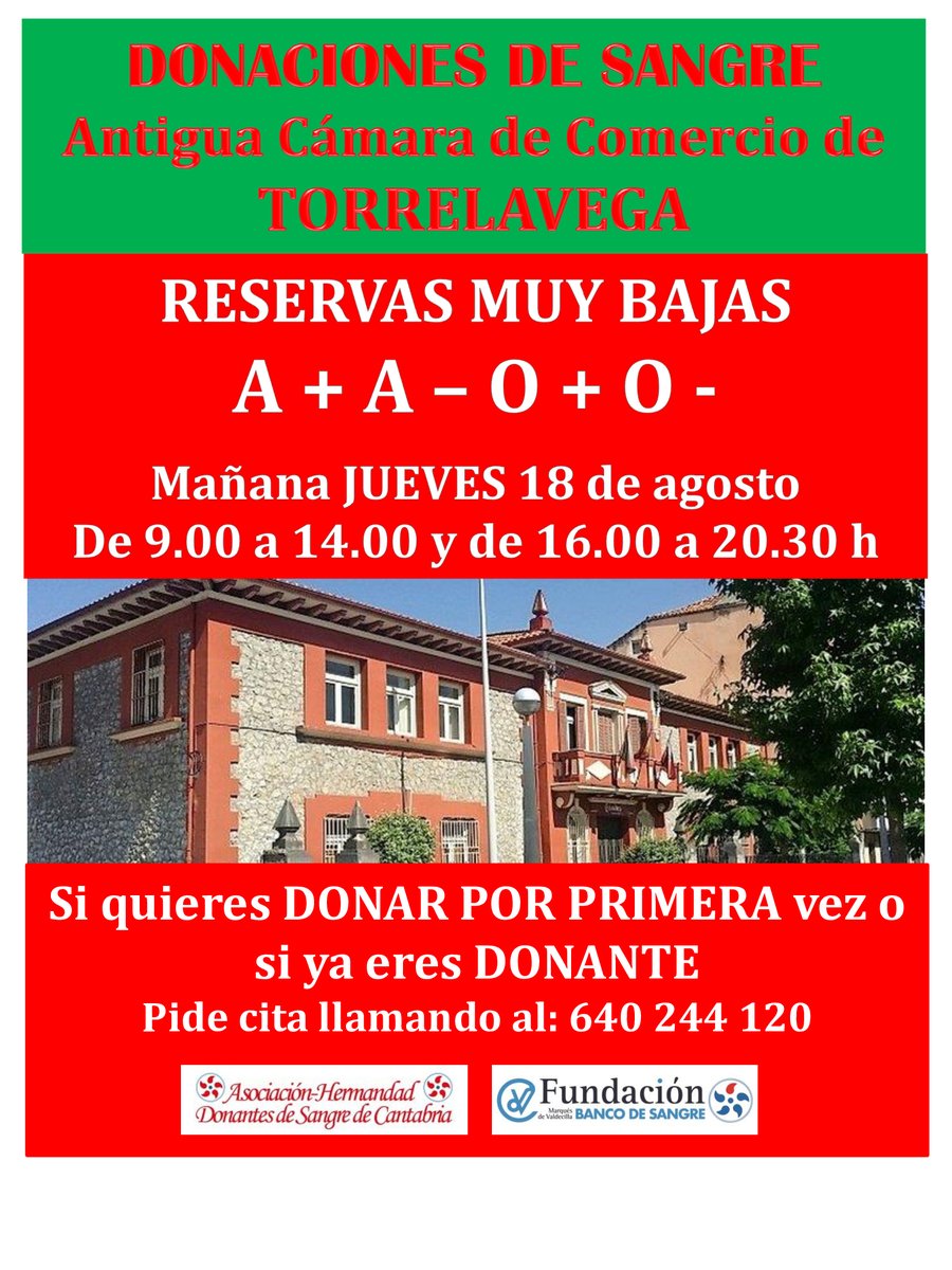 Seguimos con las reservas de sangre MUY BAJAS, mañana como cada jueves acudiremos a Torrelavega, anímate y ven a donar!!