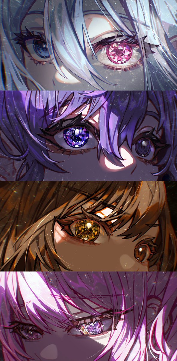 eye focus brown hair purple eyes blue eyes multiple girls brown eyes heterochromia  illustration images