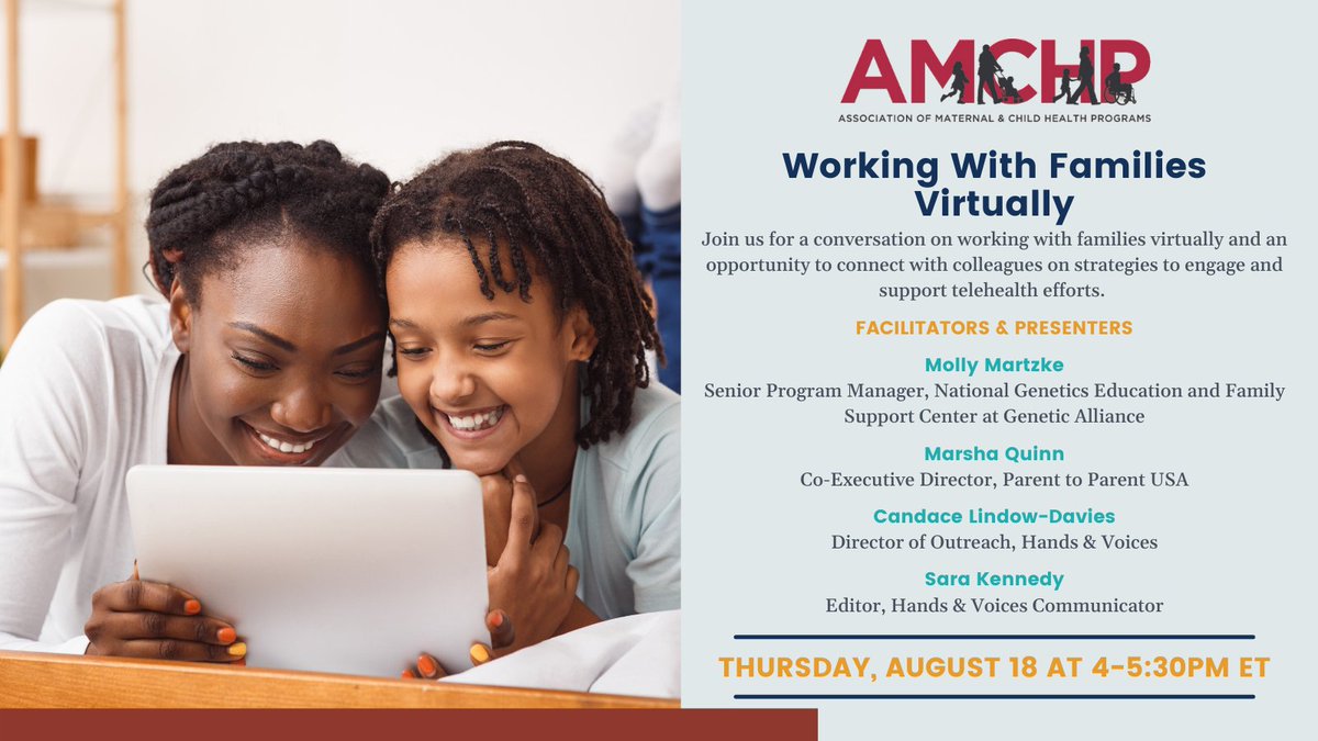 DC_AMCHP's tweet photo. Don't forget to join us tomorrow (8/18), from 4:00 – 5:00 PM EDT, for conversation led by @ExpectHealthOrg @HandsandVoices and @p2pusa on strategies to support families virtually. Register at https://t.co/pJqvMmHIZr #Telehealth #MaternalChildHealth https://t.co/dtQjOviOsb
