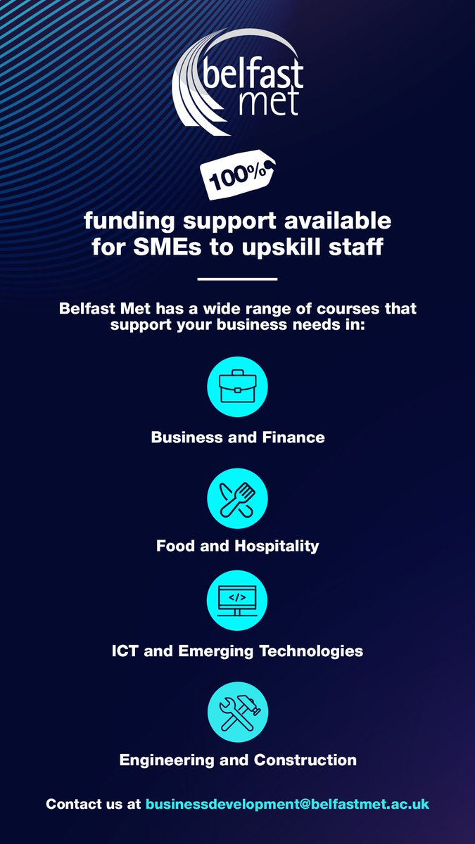 e3_belfastmet's tweet photo. Upskill your team for free💸 at Belfast Met.

The #SkillsFocus programme offers a range of courses for small and med sized businesses to develop their talent ✨ 

Get in touch 📨 businessdevelopment@belfastmet.ac.uk to chat to our team.

#MakeItAtTheMet @Economy_NI https://t.co/W0eayXwbPx