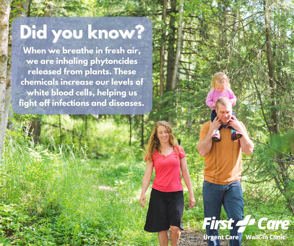 FirstCare123's tweet photo. Nature can boost your mood, increase vitamin D levels, lower blood pressure, release stress, and more! At least two hours a week spent around plants and trees can significantly improve your physical and mental health. Go on a hike or walk this week and breathe some fresh air! https://t.co/vpazgoLlHD
