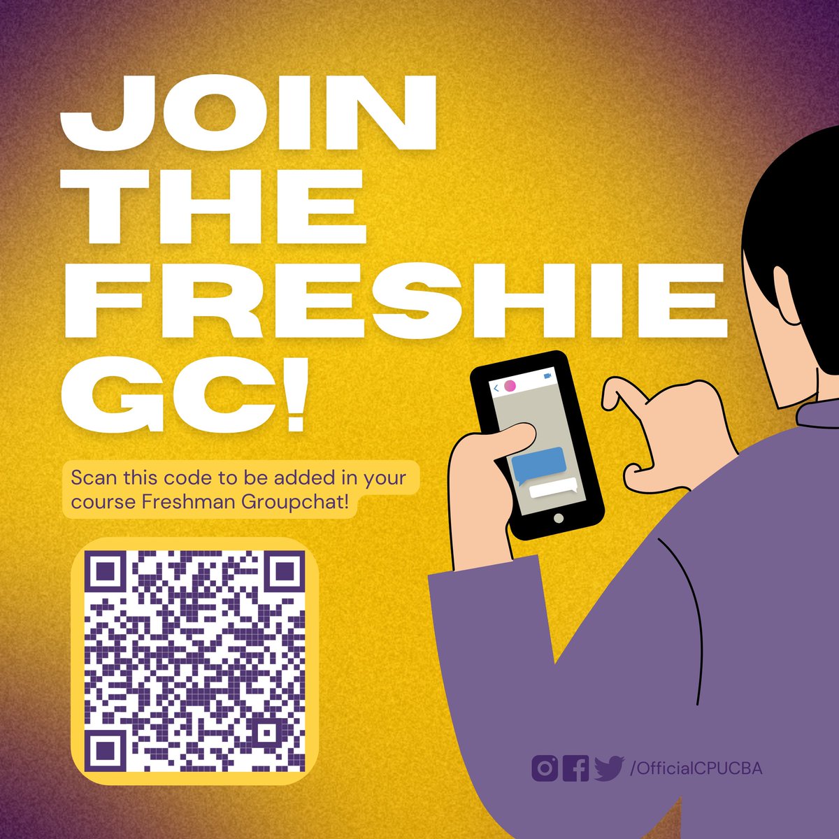 OfficialCPUCBA's tweet photo. Hello, Freshies! 👋 
To all officially enrolled incoming 1st-year students, you may scan the code or kindly fill out the google form below for you to be added to the Freshmen group chat. 
https://t.co/0WLaljfQaG
https://t.co/0WLaljfQaG
https://t.co/0WLaljfQaG https://t.co/vSaLo9JQ5O