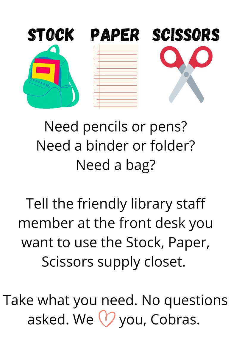CokerLITC's tweet photo. Greetings, Cobras! Do you find yourself in need of some school supplies? We have you covered. Stop by the library circulation desk and ask to use the Stock, Paper, Scissors supply closet. This is a free service available to all Coker students. Your Coker family is here for you 💙 https://t.co/dOUjMRSmVd