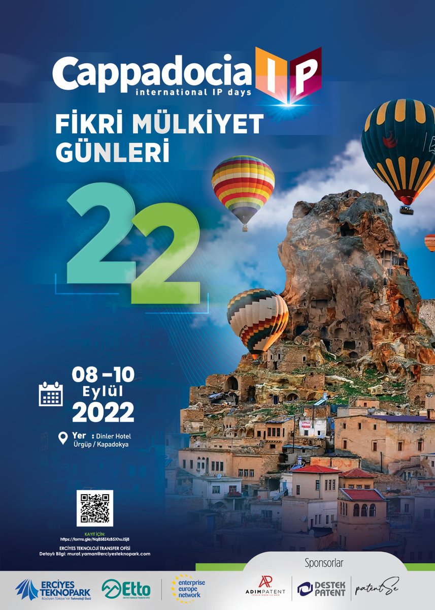 ercteknopark's tweet photo. KAPADOKYA ULUSLARARASI IP GÜNLERİ‘22 kayıtları başladı! 
Bu yıl 7.‘si düzenlenecek olan, teknoloji transferinin temeli olan Fikri/Sınai Mülkiyet Hakları konularının değerlendirilip konuşulacağı etkinliğe sizleri de bekliyoruz. 
Kayıt için: 
https://t.co/sEvSQbqTmb https://t.co/5ozm94UkTk