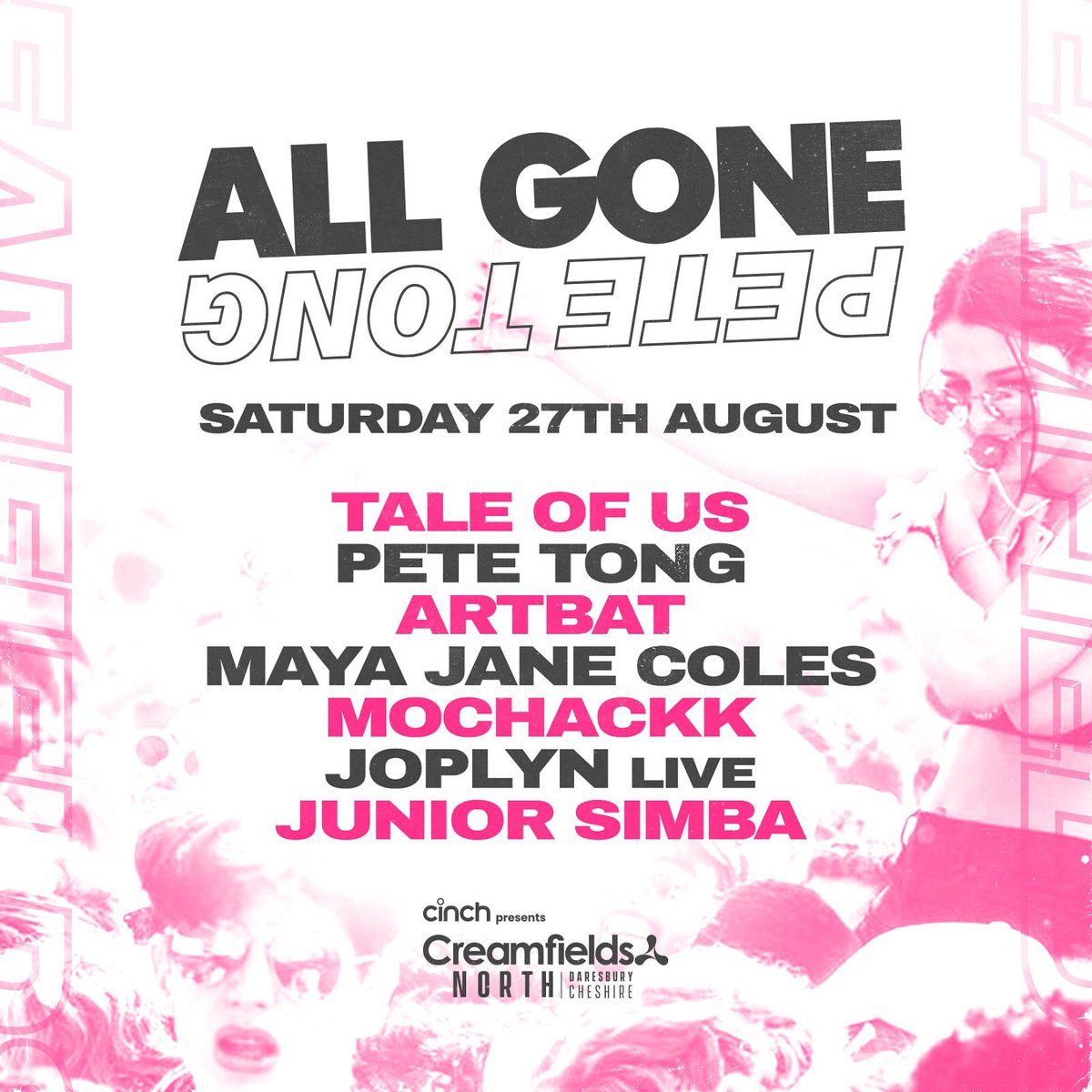 BIG lineup for my <a href="/AllGonePT/">All Gone Pete Tong</a> arena at <a href="/Creamfields/">Pepsi MAX presents Creamfields</a> on 27th Aug <a href="/TaleOfUs/">Tale Of Us</a>, <a href="/artbatmusic/">ARTBAT</a>, <a href="/mjcofficial/">Nocturnal Sunshine / Maya Jane Coles</a>, <a href="/MochakkMusic/">Mochakk</a>, <a href="/joplynberlin/">JOPLYN</a> &amp; <a href="/itsjuniorsimba/">Junior Simba</a>… #AllGoneCreamfields 🔥