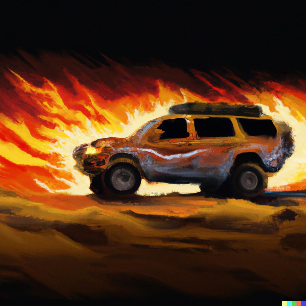 Flor_____Suarez's tweet photo. “a realistic paint of a side view of a 4x4 in flames at the front of a desert road”

https://t.co/ex8prUlzrW 

#dalle https://t.co/TRjFlfE9qr