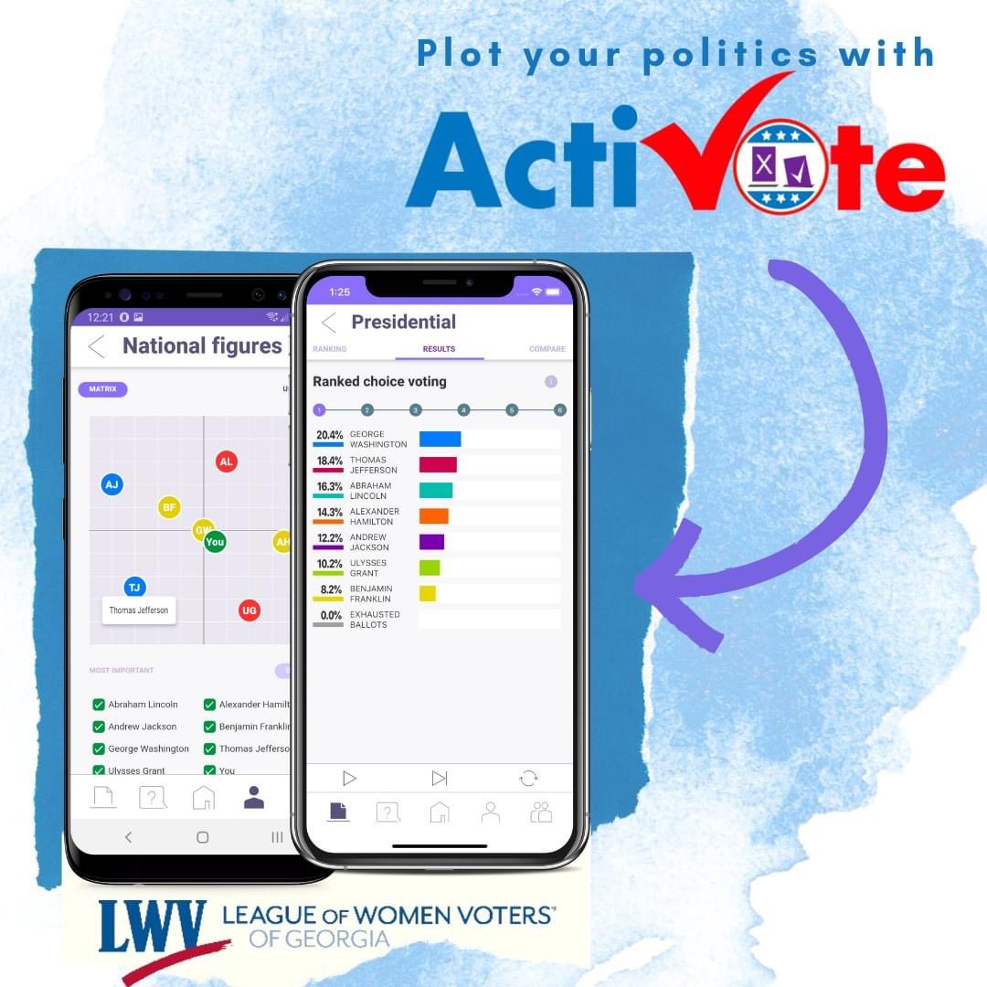LWVGA's tweet photo. Want to find candidates who share your values? Confidently cast your vote with ActiVote! Learn more and set up an account here: https://t.co/7RnX5v9qPo
#LWVGA #LWV #ActiVote #VotingRights #advocacy https://t.co/vLaZan0p4X