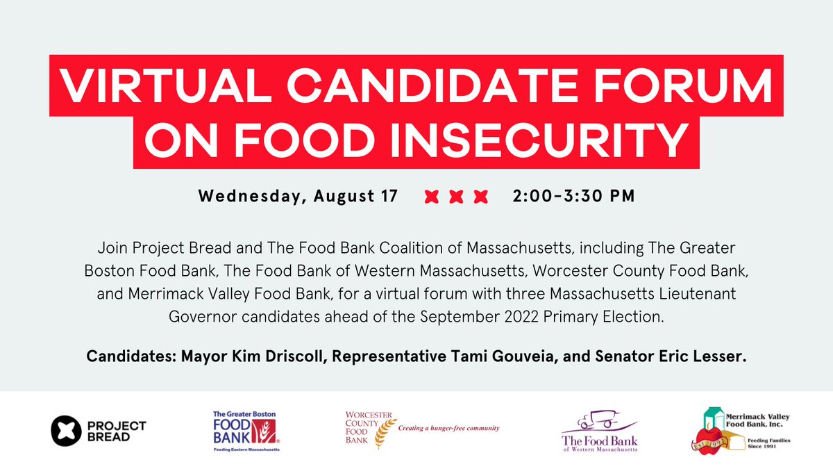 Gr8BosFoodBank's tweet photo. Tune in TODAY, Aug. 17 at 2PM for a virtual forum on key issues surrounding food insecurity in Massachusetts with three Lt. Governor candidates, @MayorDriscoll, @EricLesser, & @TamiGouveiaMA. Join the conversation:
https://t.co/y1RG3dLCRR #mapoli #MAVotesAgainstHunger
register https://t.co/mSELejngFB