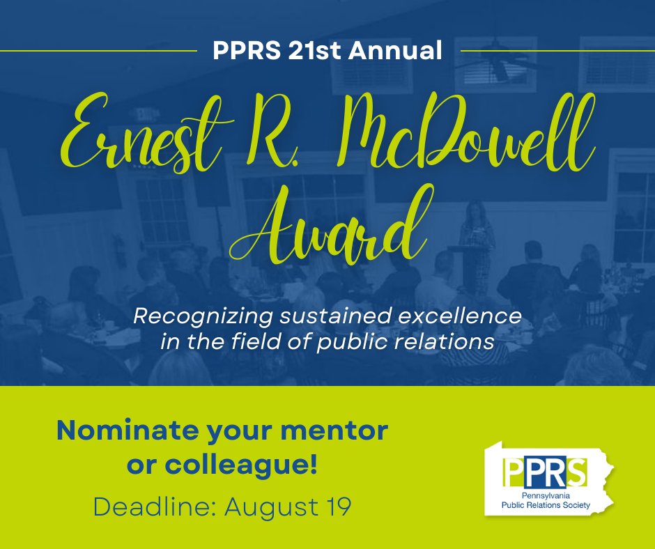 pprshbg's tweet photo. Last call! Nominations are due Friday!
Do you know, respect and admire a mentor or colleague in the field of #publicrelations? Nominate them for the 21st Annual Ernest McDowell Award! Award details and nomination form here: https://t.co/98AQlIrPeE https://t.co/QGvFet72WX