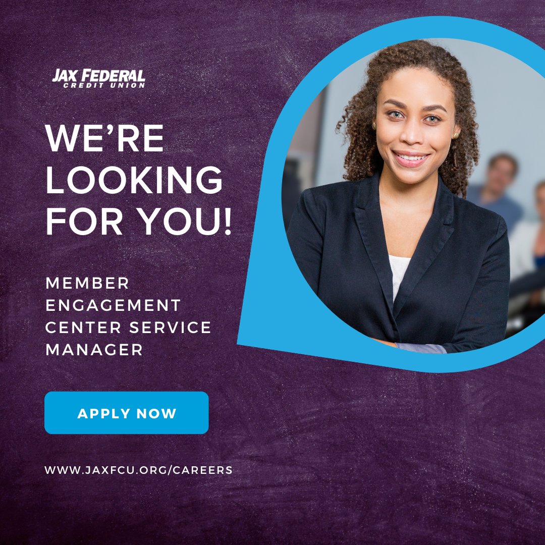 We are in search of a new Member Engagement Center Manager.

Manage and inspire the MEC Service team to enhance the member experience.

Learn more and submit your resumé today! 
jaxfcu.org/careers/

#WorkHereWednesday #NowHiring #iLoveJax #CreditUnions