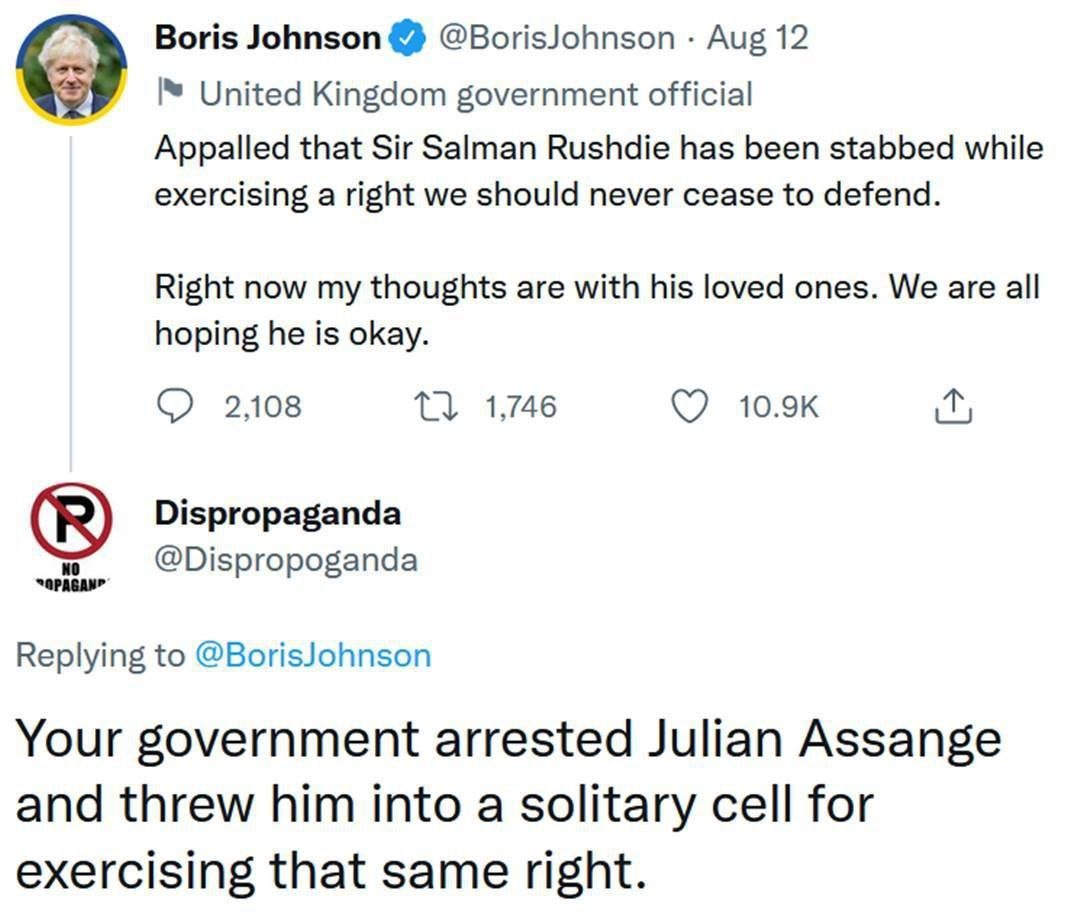 Zas, en toda la boca
Dice Boris que Rushdie ejerció su derecho de opinión

Le contestan que su gobierno arrestó a Assange por el mismo derecho...