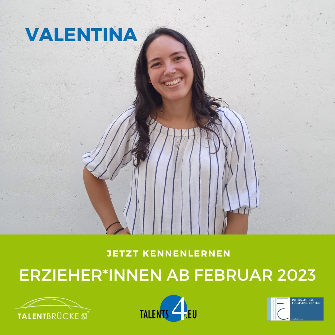 Verstärkung gesucht? Finden Sie Valentina! Die neue Fachkraft für Ihre Kita ab Februar 2023!
Sprechen Sie uns an!

talents4.eu

<a href="/IFCenter/">IF Center</a>
#Fachkräfte #Erzieher #Erzieherin #Kita #Kindergarten
#Mitarbeiter #Jobs #Unternehmen #Business #Spanien #Deutschland #Recruiting