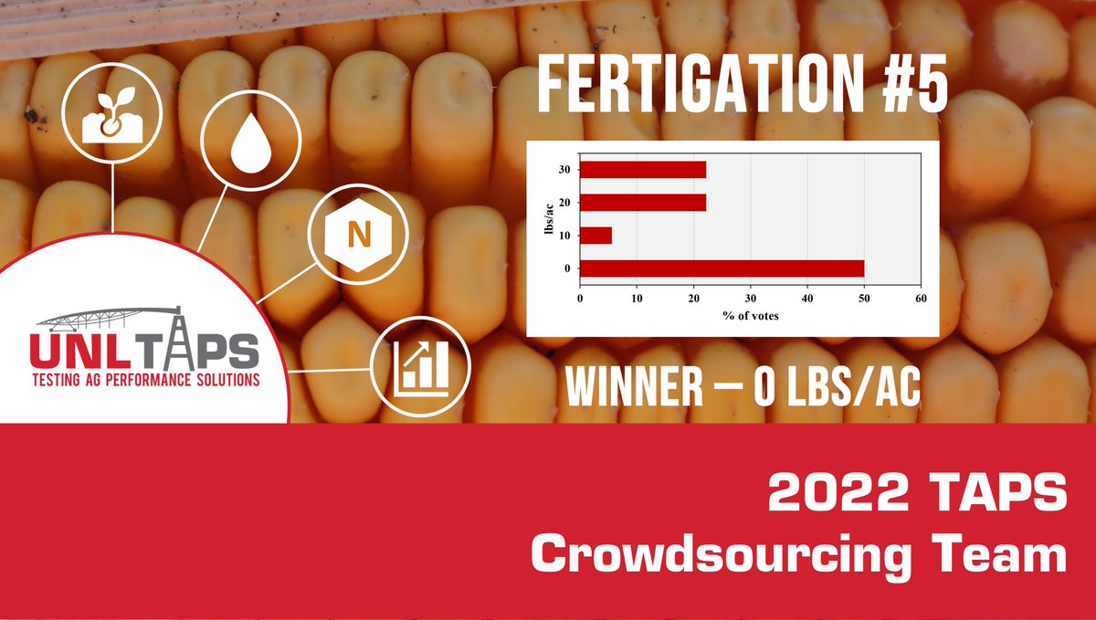 UNL_TAPS's tweet photo. For the fifth and final fertigation, the #TAPSCrowd decided not to apply any more nitrogen. This was a close poll and was decided in the final couple hours when 0 lbs pulled into the lead.  

For the season, the total nitrogen applied is 200 pounds per acre. https://t.co/r6s5987K20