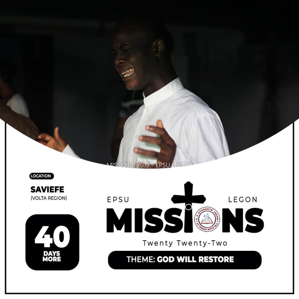 epsulegon's tweet photo. Missions 2022!
40 days more to Saviefe, Volta Region 🎉
#epsulegon #atpeacewithall #oneinchrist #missions2022 https://t.co/VA3It7lUPz