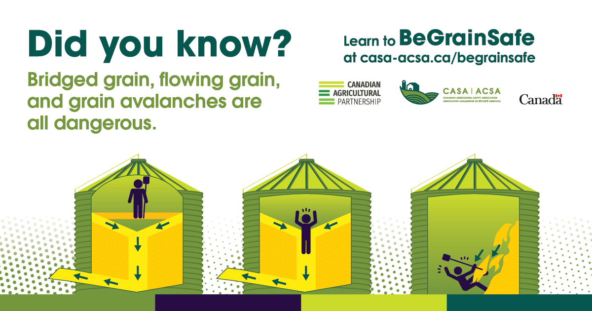 Did you know that grain entrapment can happen in seconds? And, unfortunately, many people who become trapped in grain do not survive. So, what’s the best way to keep safe around grain? 
Stay out of grain altogether. 
#BeGrainSafe #FarmSafetyNS