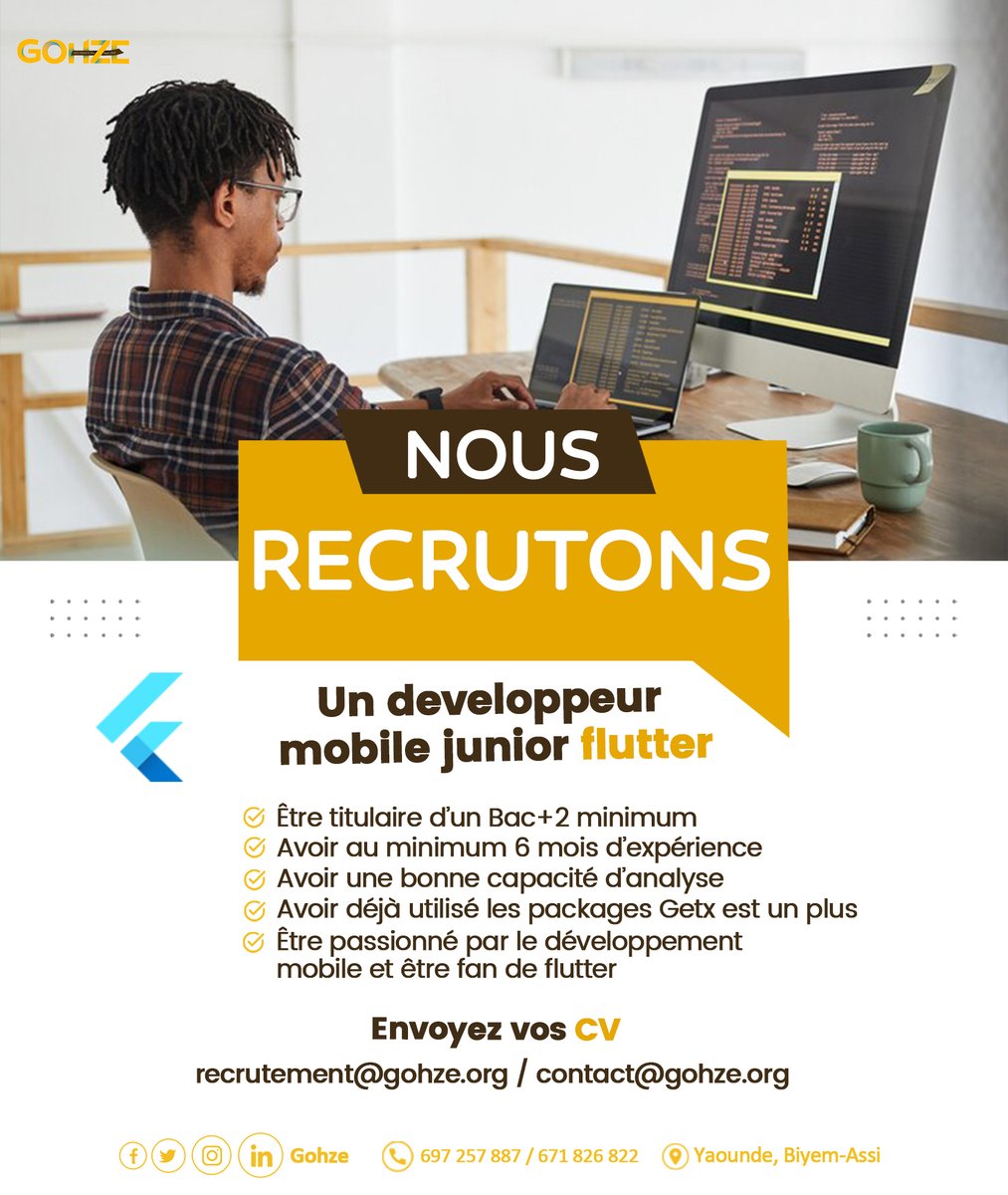 GohzeGroup's tweet photo. RECRUTEMENT GOHZE

🗣️🗣️ Appel à tous les développeurs !! 📢

CV et Lettre de motivation sont reçus à l'adresse recrutement@gohze.org / contact@gohze.org

#recrutements
#flutterdev
#gohze
#letsmovetothenextstep https://t.co/kXD92s0JSb