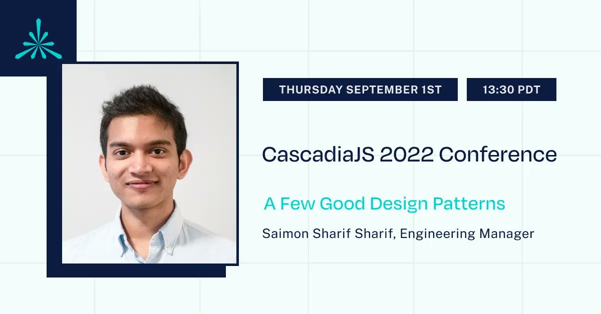 Attune's very own <a href="/saimonsharif/">Saimon Sharif</a> is presenting A Few Good Design Patterns at <a href="/CascadiaJS/">CascadiaJS 🇺🇸 🇨🇦</a> <a href="/jsconf/">JSConf</a> 2022 Conference. We know you're gonna crush your talk Saimon, hope some of y'all check it out!