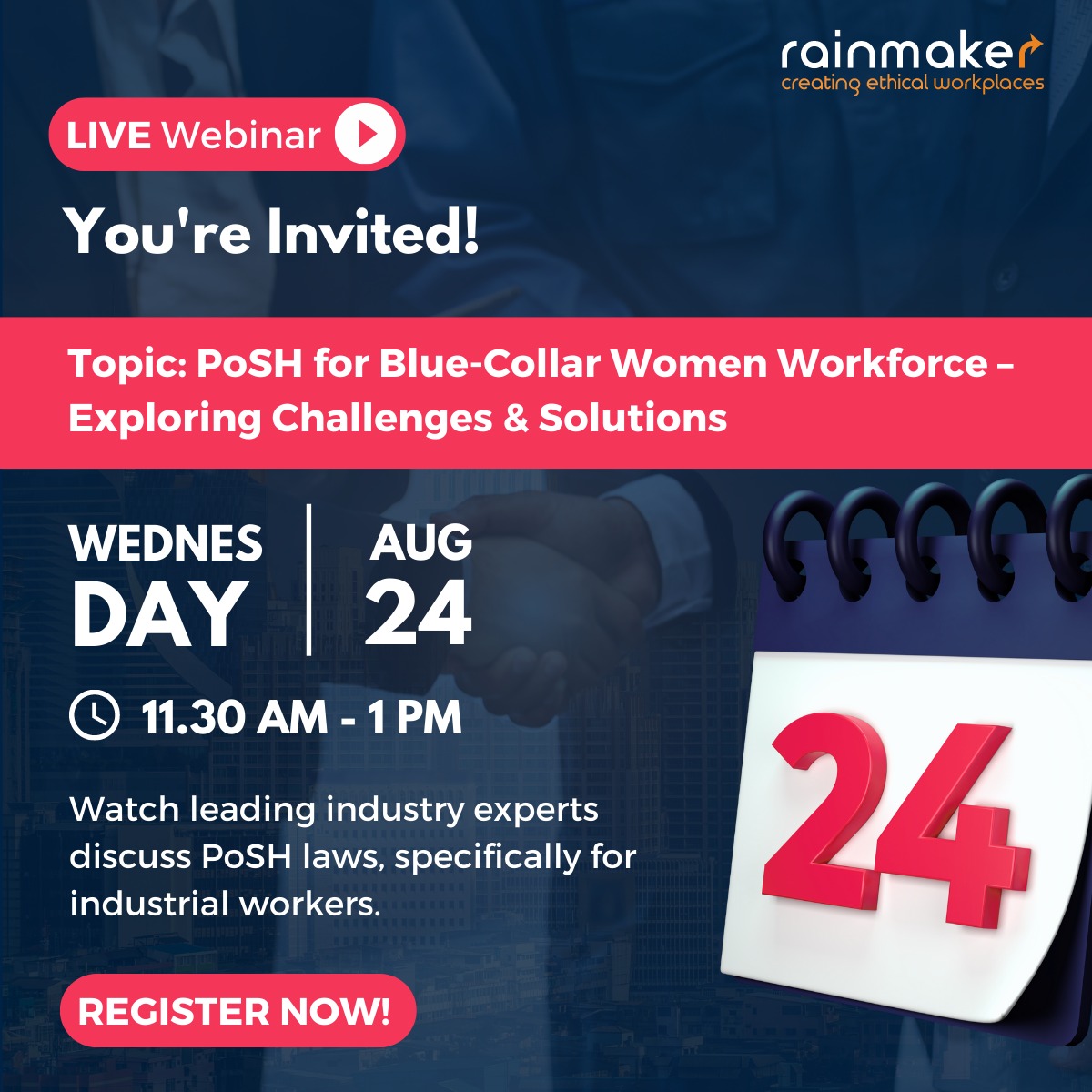 RainmakerIndia's tweet photo. Get answers to all your questions  in our upcoming Webinar on PoSH for Blue-Collar Women Workforce.

To register, click on the link below: https://t.co/k1qTbJ2tIk 

#Rainmaker #WorkSAFE #PoSH #Webinar #BlueCollar #PoSHAct2013 https://t.co/ll58tZSLAb