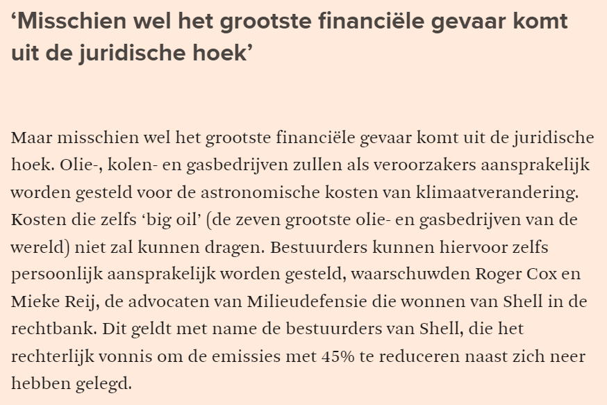 markfjvanbaal's tweet photo. Bestuurders kunnen hiervoor zelfs persoonlijk aansprakelijk worden gesteld, waarschuwden @CoxRoger en Mieke Reij, de advocaten van @milieudefensie die wonnen van #Shell in de rechtbank. #klimaatzaak #Shellvonnis https://t.co/JuK8JBeMag