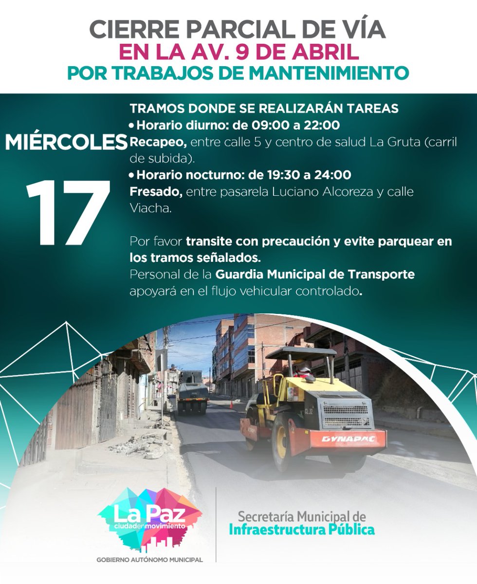 LaPazAlcaldia's tweet photo. #GAMLPInforma | Hoy se continuará con los trabajos de fresado en la avenida #9DeAbril.
¡Tome sus previsiones!
#LaPazEnPaz
#PorElBienComún
#LaPazEnMovimiento https://t.co/VT8FivqgzM