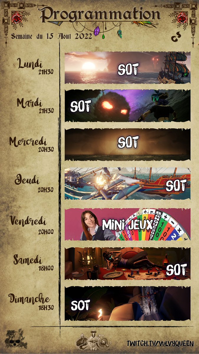 Oyez, Oyez, voici ma programmation pour la semaine du 15/08 au 21/08

des bisous salés ❤️

Votre Queen Vulvy👑

#twitch #streamer #vulvyqueen #SeaOfThieves #FallGuys