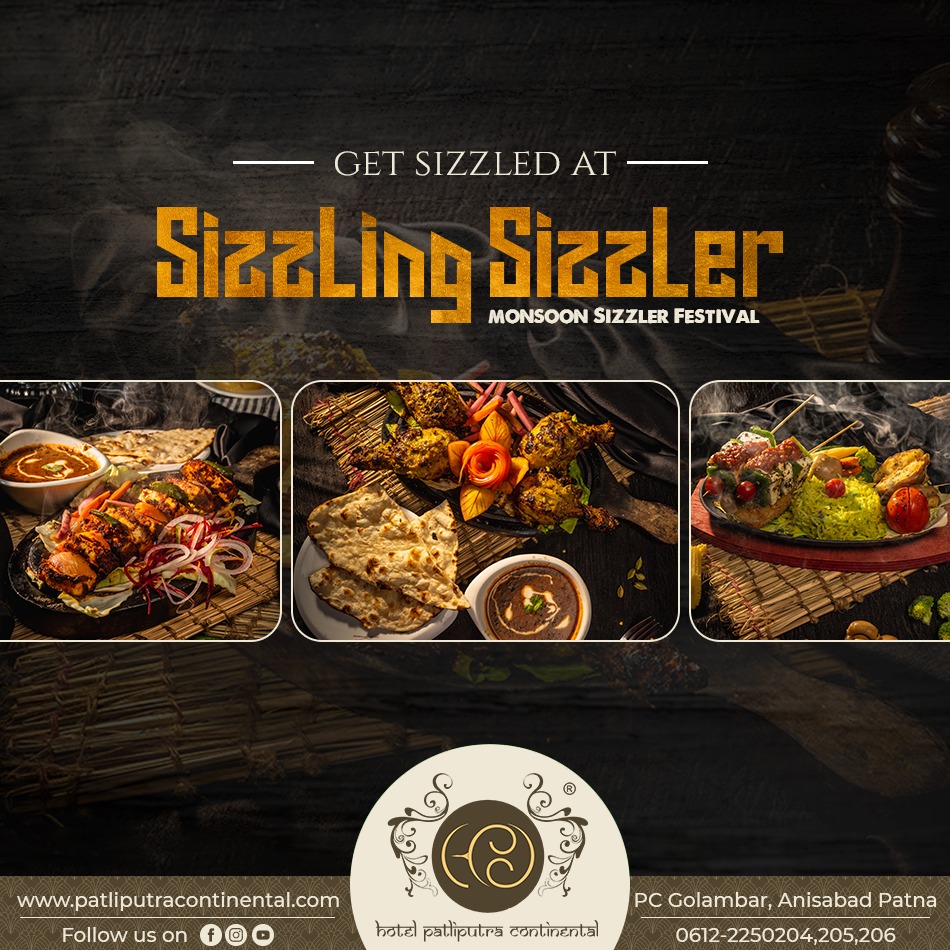 hpcpatna's tweet photo. Relish your cravings with our scrumptious sizzlers! At Hotel Patliputra continental's monsoon sizzler festival. Get ready to be sizzled. To make reservations, contact us at 06122250204/205/206
#hotelpatliputracontinental #gourmetfood #sizzlerfestival #sizzlers #sizzlingplatings https://t.co/NZPrBNNWtU