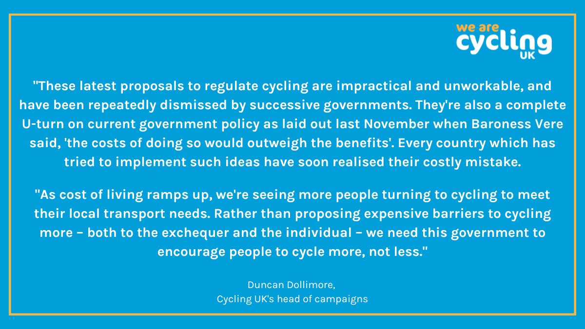 WeAreCyclingUK's tweet photo. Transport Secretary, Grant Shapps has told the Mail that cyclists should have number plates, be insured and subject to speed limits. These latest proposals are impractical and unworkable. We need this government to encourage people to cycle more, not less.

Read our statement. ⬇️ https://t.co/WUhS7o6Esm