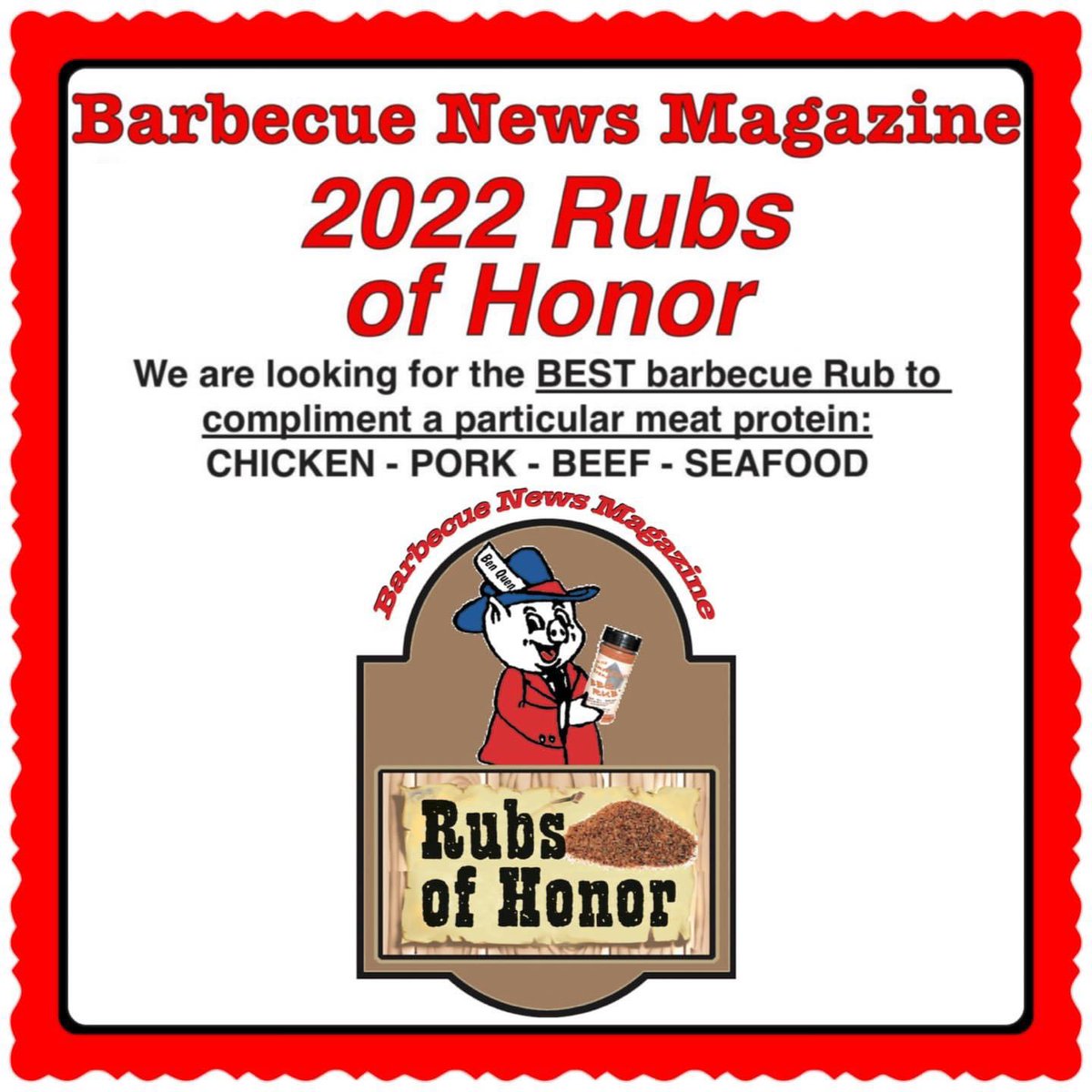 BBQNewsMagazine's tweet photo. Have a great BBQ and Grilling Rub?
Here's your chance to make it Legendary!
Deadline for entry is October 3, 2022.
You can find your entry form on our website or by clicking on this link: https://t.co/2Ml7Qq2QSV
#rubsofhonor #nowthatsmokin #nowthatsgrillin #benquen https://t.co/VKNC55NQo1